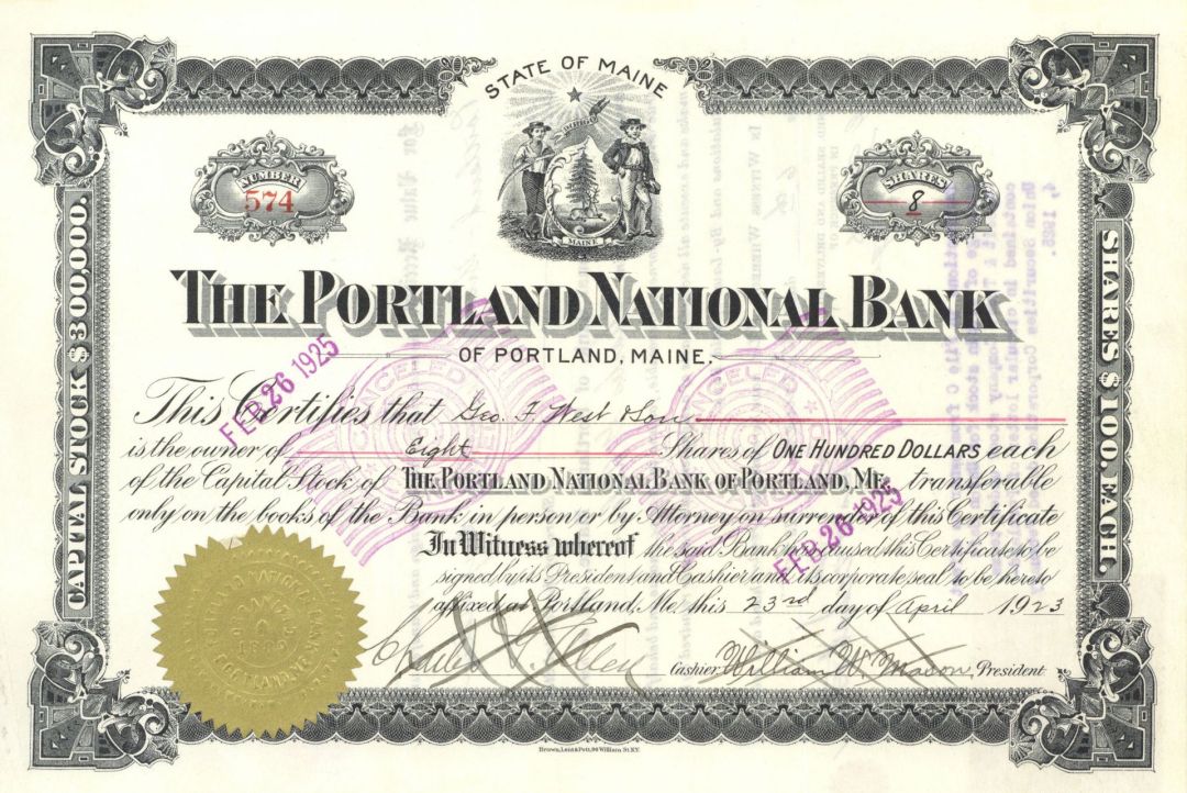 Portland National Bank of Portland, Maine - 1921-27 dated Banking Stock Certificate