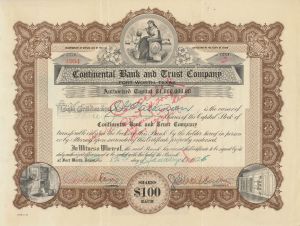 Continental Bank and Trust Co. - 1918-25 dated Texas Banking Stock Certificate