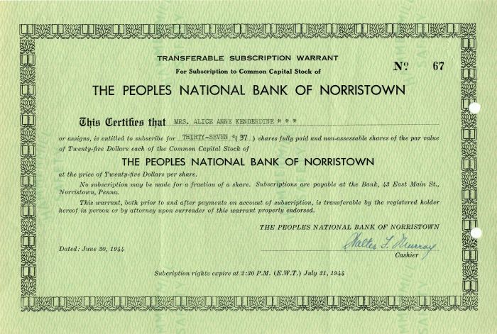 Peoples National Bank of Norristown - Stock Certificate