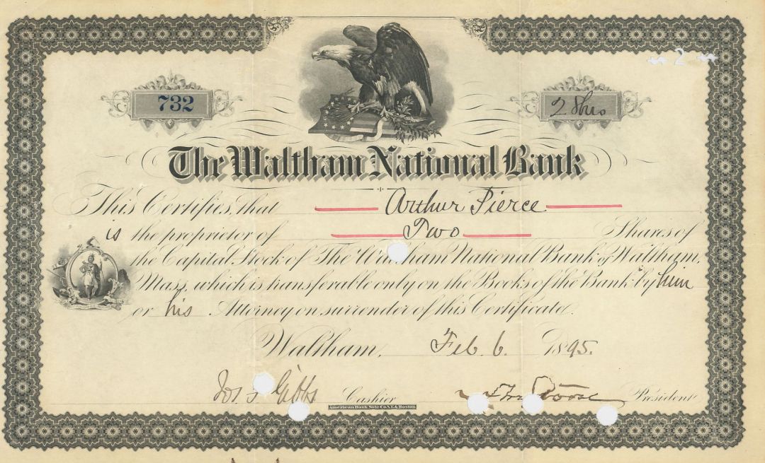 Waltham National Bank - dated 1879-1899 Banking Stock Certificate - Waltham, Massachusetts