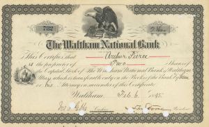 Waltham National Bank - dated 1879-1899 Banking Stock Certificate - Waltham, Massachusetts
