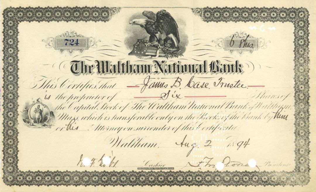 Waltham National Bank - dated 1879-1899 Banking Stock Certificate - Waltham, Massachusetts