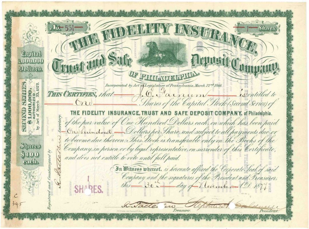 Fidelity Insurance, Trust and Safe Deposit Co. - Banking Stock Certificate