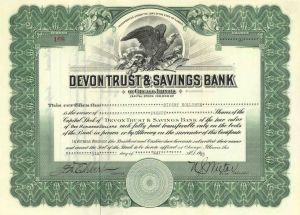 Devon Trust and Savings Bank - Banking Stock Certificate