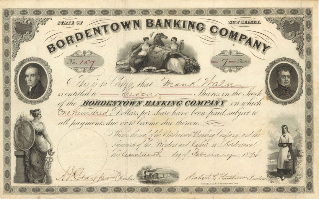 Bordentown Banking Co. - 1874-1920 dated Bank Stock Certificate
