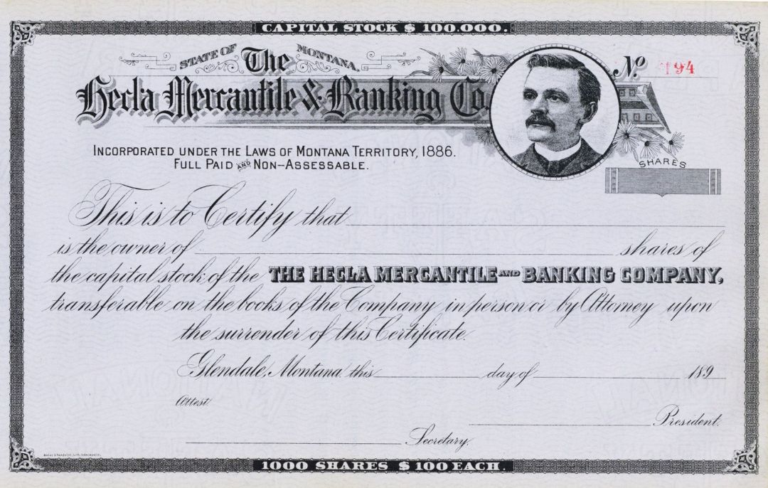 Hecla Mercantile and Banking Co. - circa 1890's Unissued Montana Stock Certificate