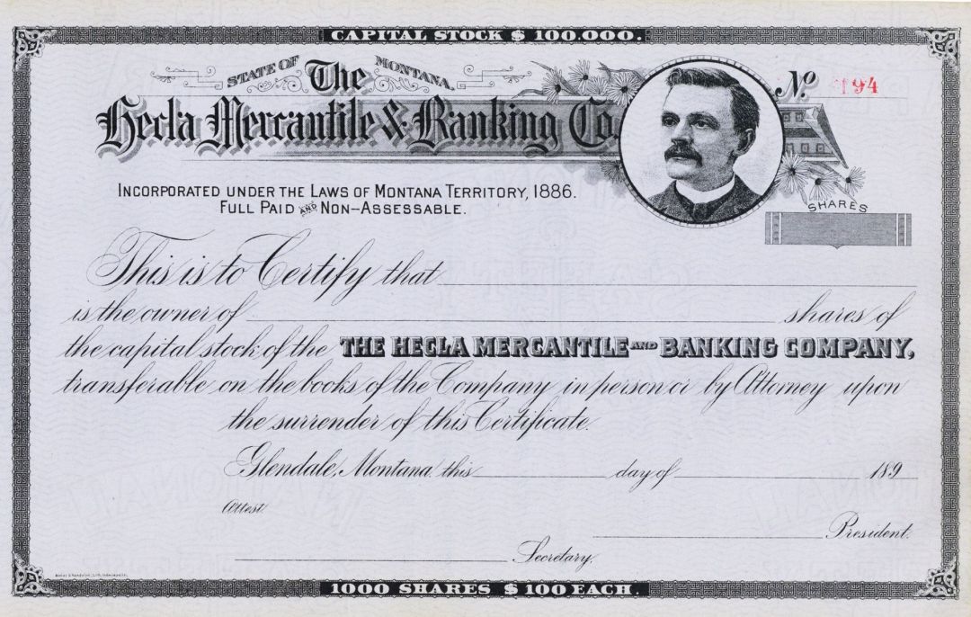 Hecla Mercantile and Banking Co. - Unissued Montana Stock Certificate - Circa 1890's