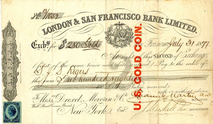 London and San Francisco Bank Limited - U.S. Gold Coin Overprint - Drexel, Morgan & Co.