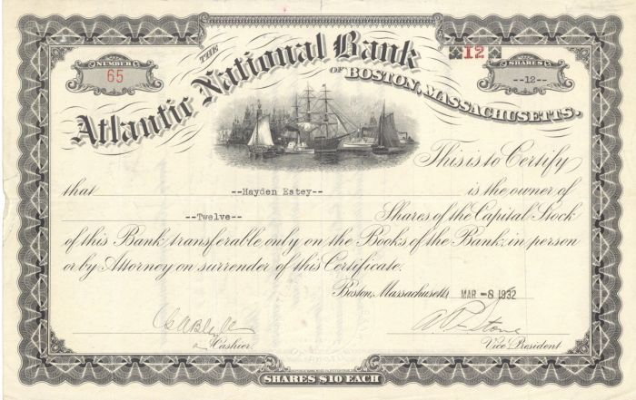Atlantic National Bank of Boston, Massachusetts - Banking Stock Certificate