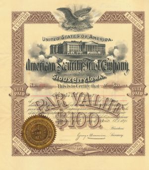 American Security and Trust Co. - $100 Bond