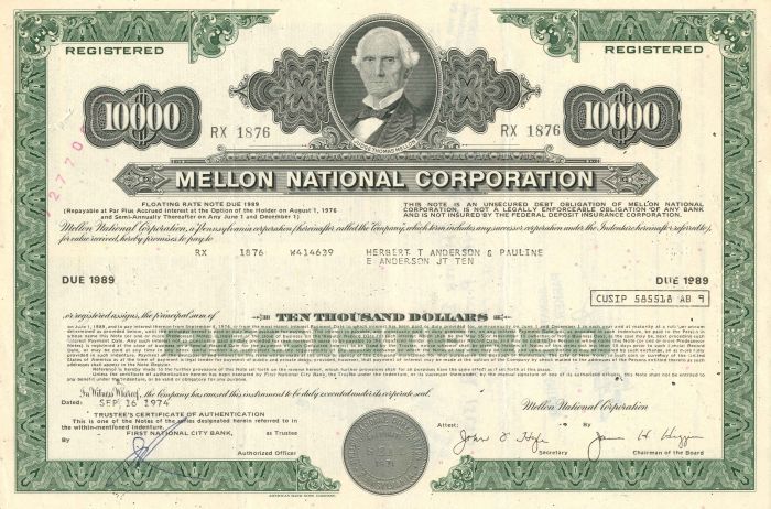 Mellon National Corporation - $10,000 Bond