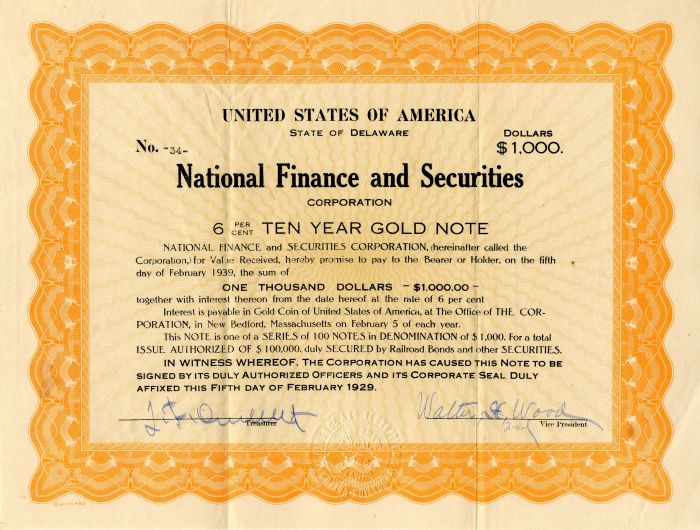 National Finance and Securities Corporation - $1,000 Gold Note