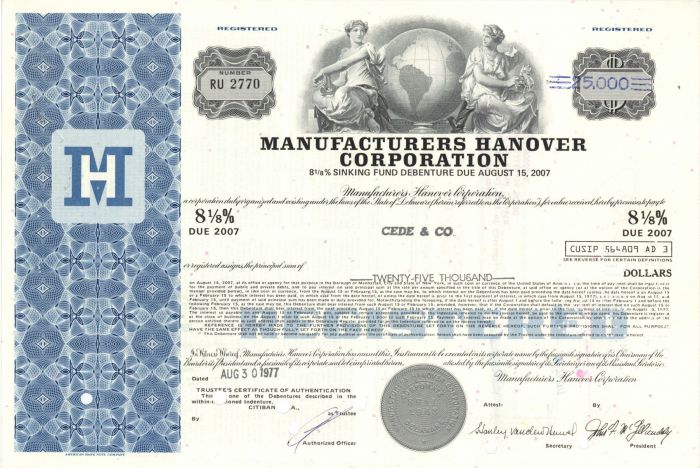 Manufacturers Hanover Corporation - $5,000 Bond