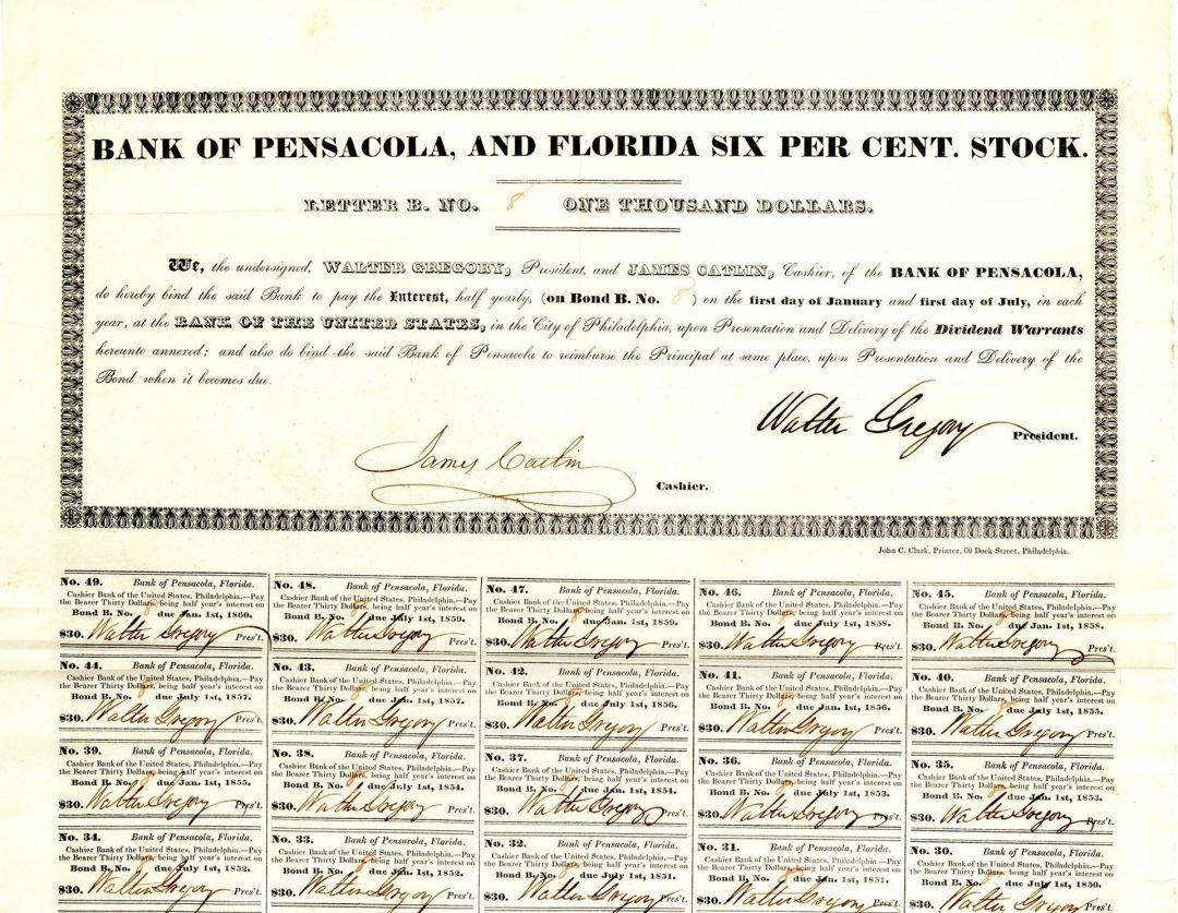 Bank of Pensacola, and Florida Six Percent. Stock - $1,000 Bond