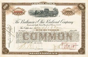 Estate of Peter Arrell Brown Widener - Baltimore and Ohio Railroad - Signed by 3 Widener's Stock Certificate with Transfer Document