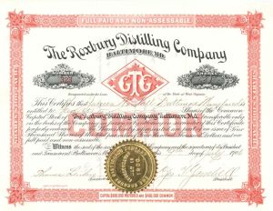 Roxbury Distilling Co. - 1906 dated Stock Certificate