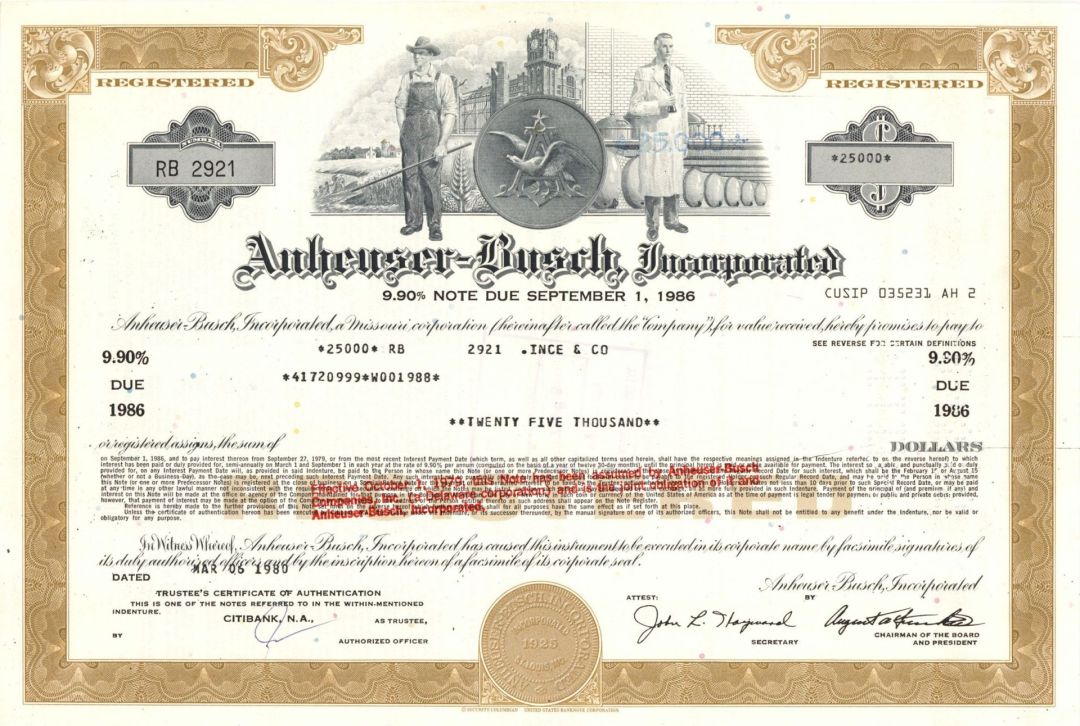 Anheuser-Busch Companies, Inc. - 1980 dated $25,000 Bond