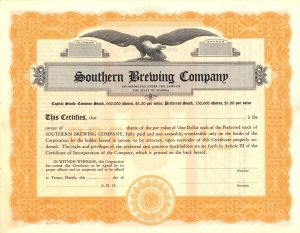Southern Brewing Co. - Tampa, Florida Brewing Co. Unissued Stock Certificate