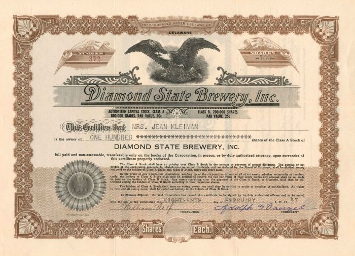 Diamond State Brewery, Inc. - Stock Certificate