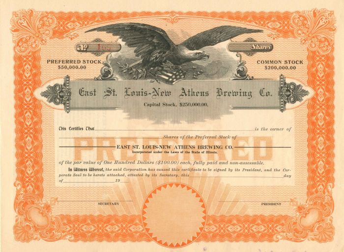 East St. Louis-New Athens Brewing Co. - Stock Certificate