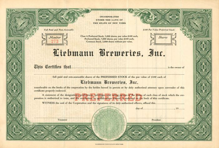 Liebmann Breweries, Inc. - Brewery Stock Certificate