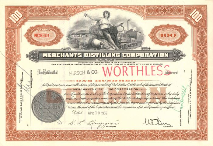 Merchants Distilling Corporation - Stock Certificate