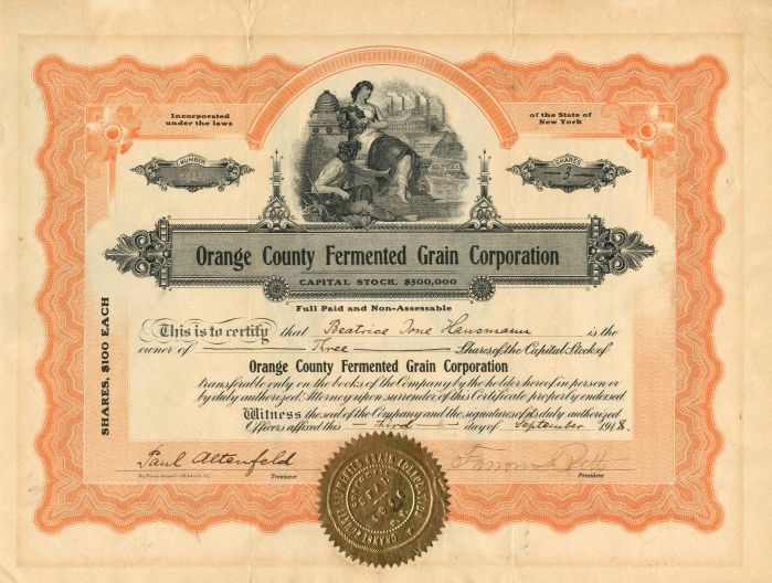Orange County Fermented Grain Corporation - Stock Certificate