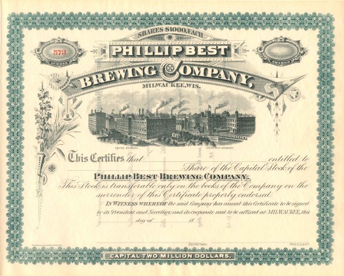 Phillip Best Brewing Co., Milwaukee, Wis. - Stock Certificate