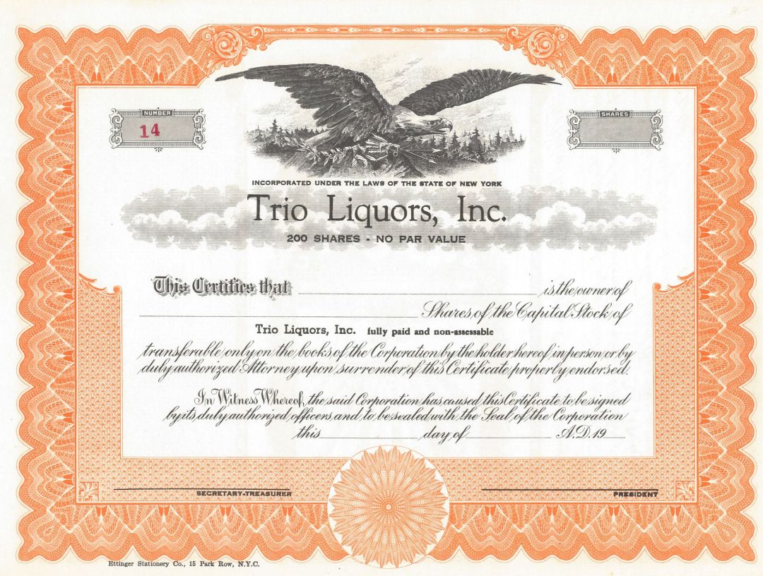 Trio Liquors, Inc. - Stock Certificate