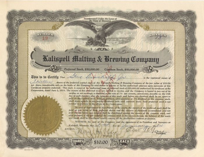 Kalispell Malting and Brewing Co. - Stock Certificate
