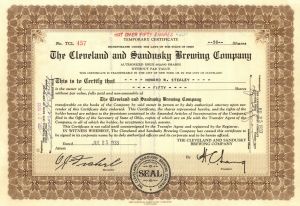 Cleveland and Sandusky Brewing Co. - 1933 dated Ohio Brewery Stock Certificate