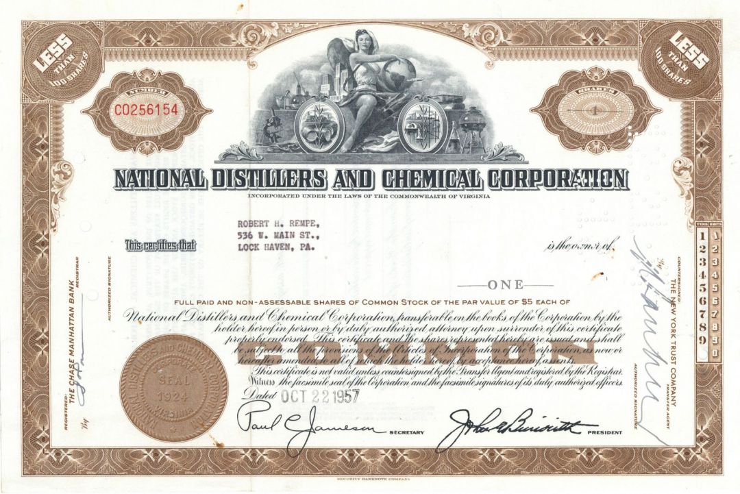 National Distillers and Chemical Corp. - Stock Certificate