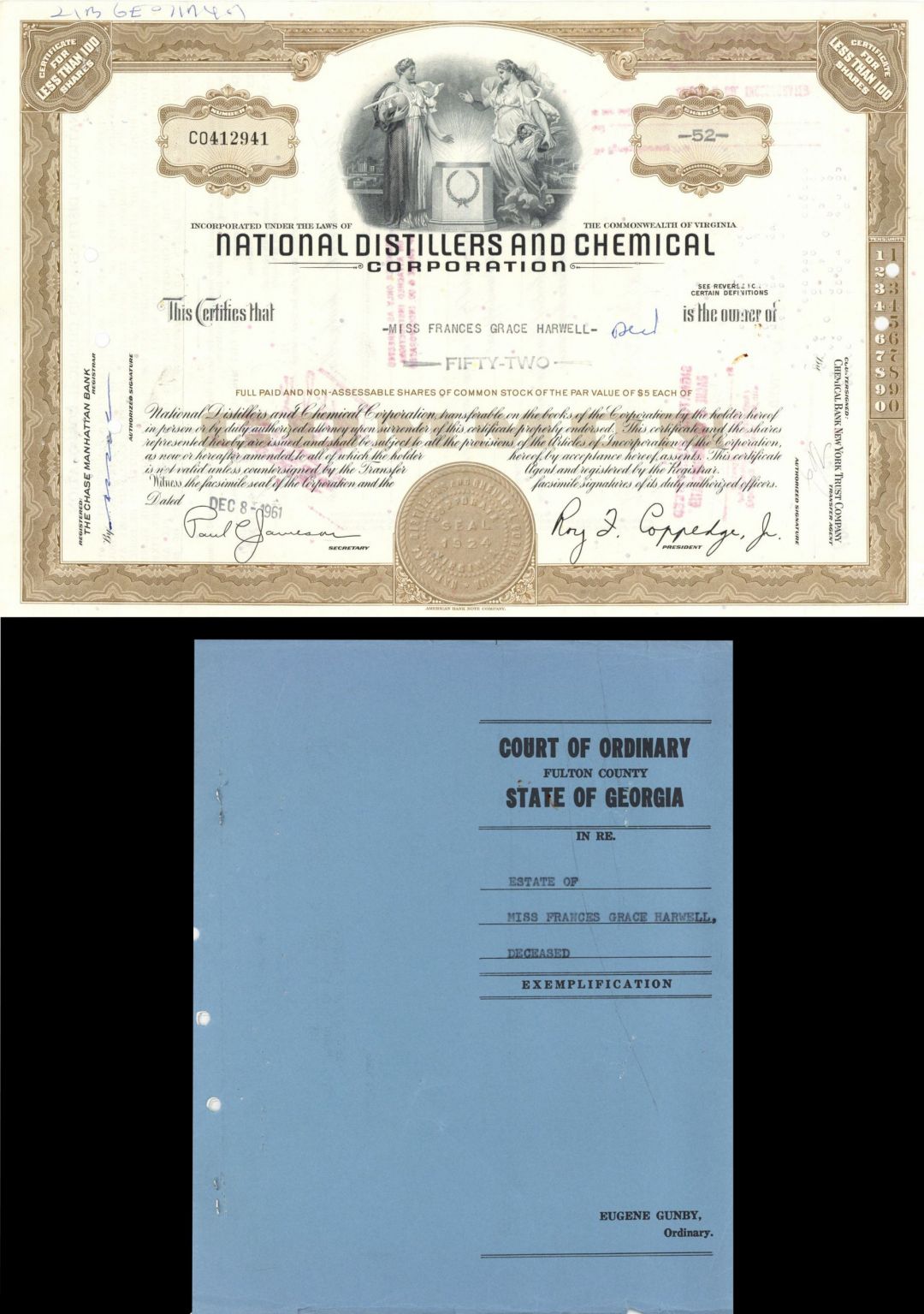 National Distillers and Chemical Corp. - 1961 dated Stock Certificate