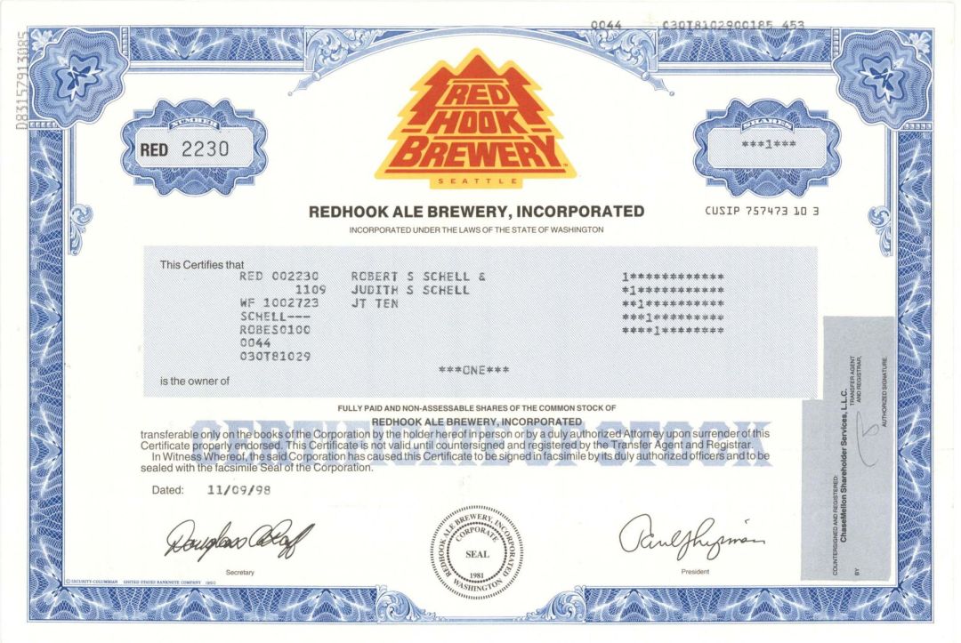 Redhook Ale Brewery, Inc. -  1998 dated Stock Certificate