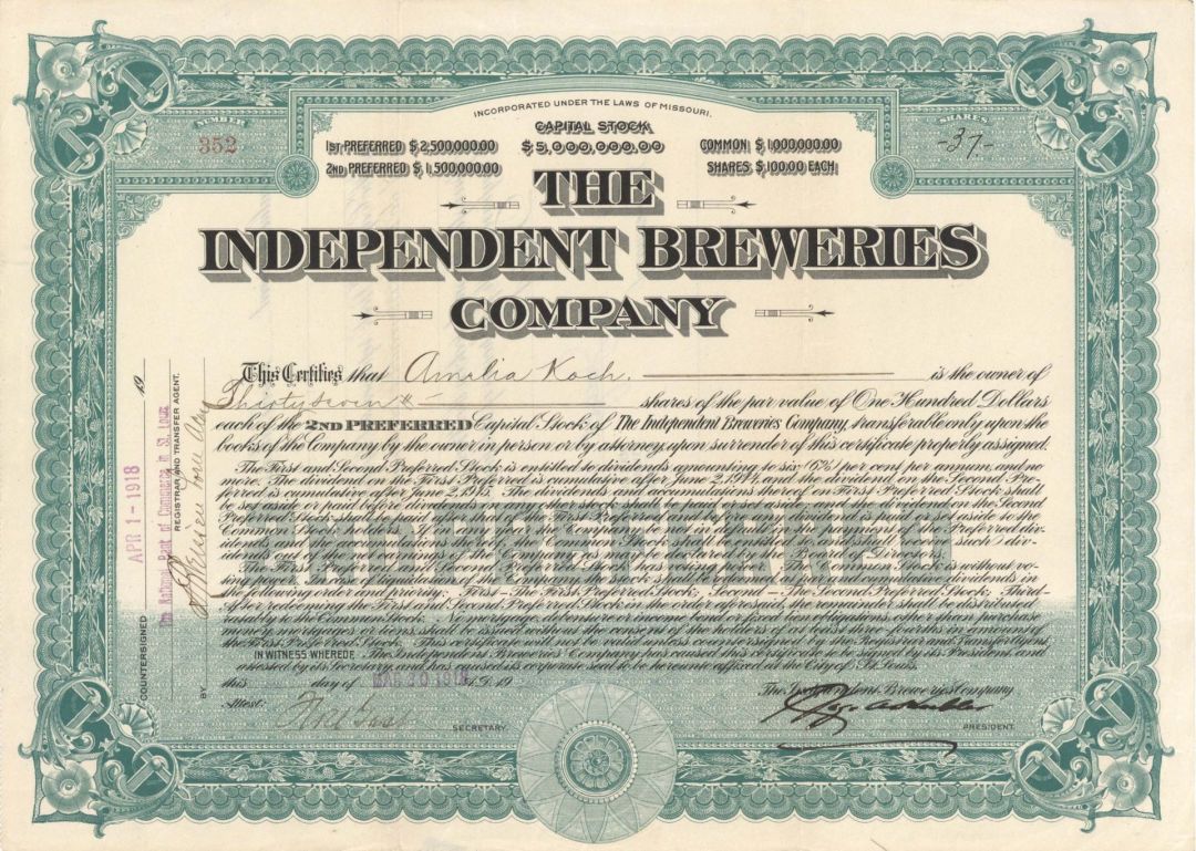 Independent Breweries Co. -  1918 dated Stock Certificate