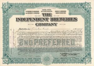 Independent Breweries Co. -  1918 dated Stock Certificate