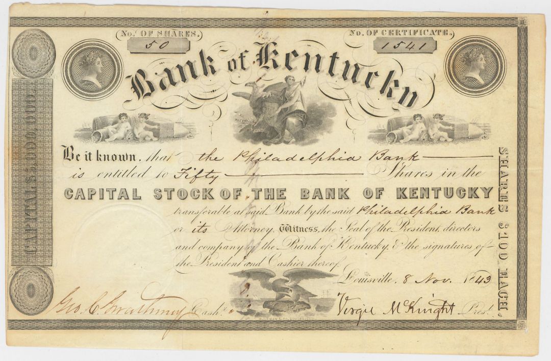 Bank of Kentucky - 1843 dated Stock Certificate - Louisville, Kentucky