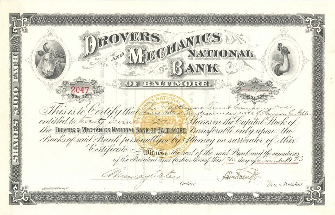 Drovers and Mechanics National Bank of Baltimore - Stock Certificate