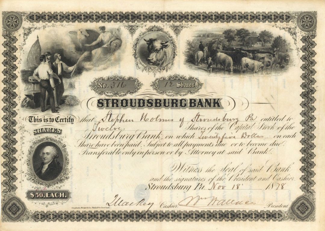 Stroudsburg Bank - 1868 or 1878 Stock Certificate