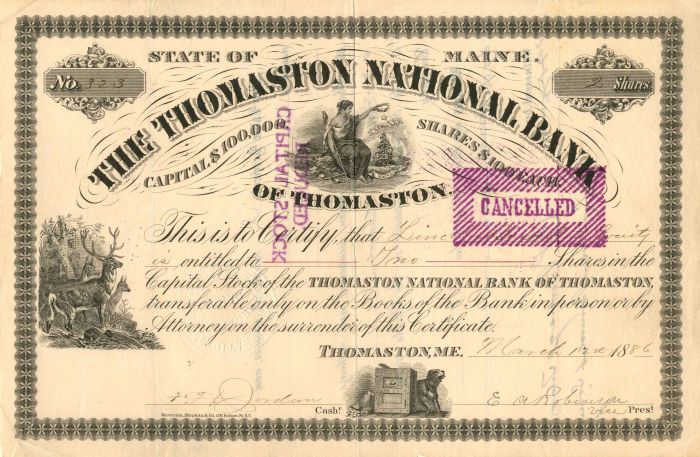 Thomaston National Bank of Thomaston - Stock Certificate