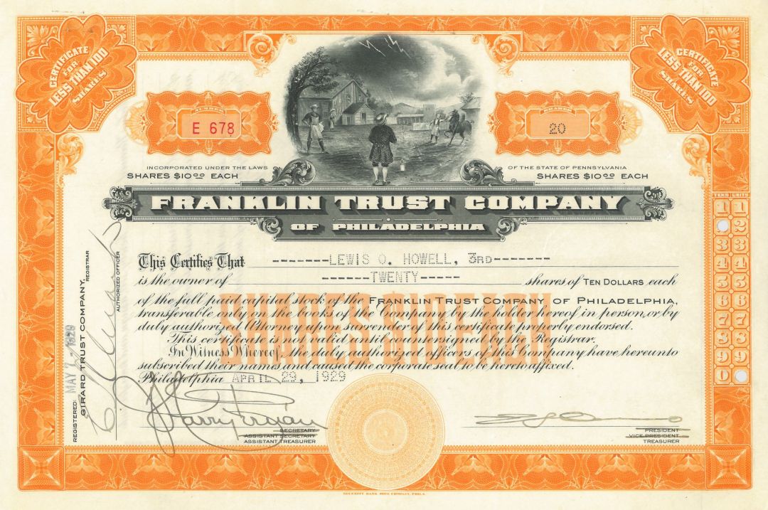 Franklin Trust Co. - Vignette of Franklin with Kite and Lightening in a Bottle - Stock Certificate