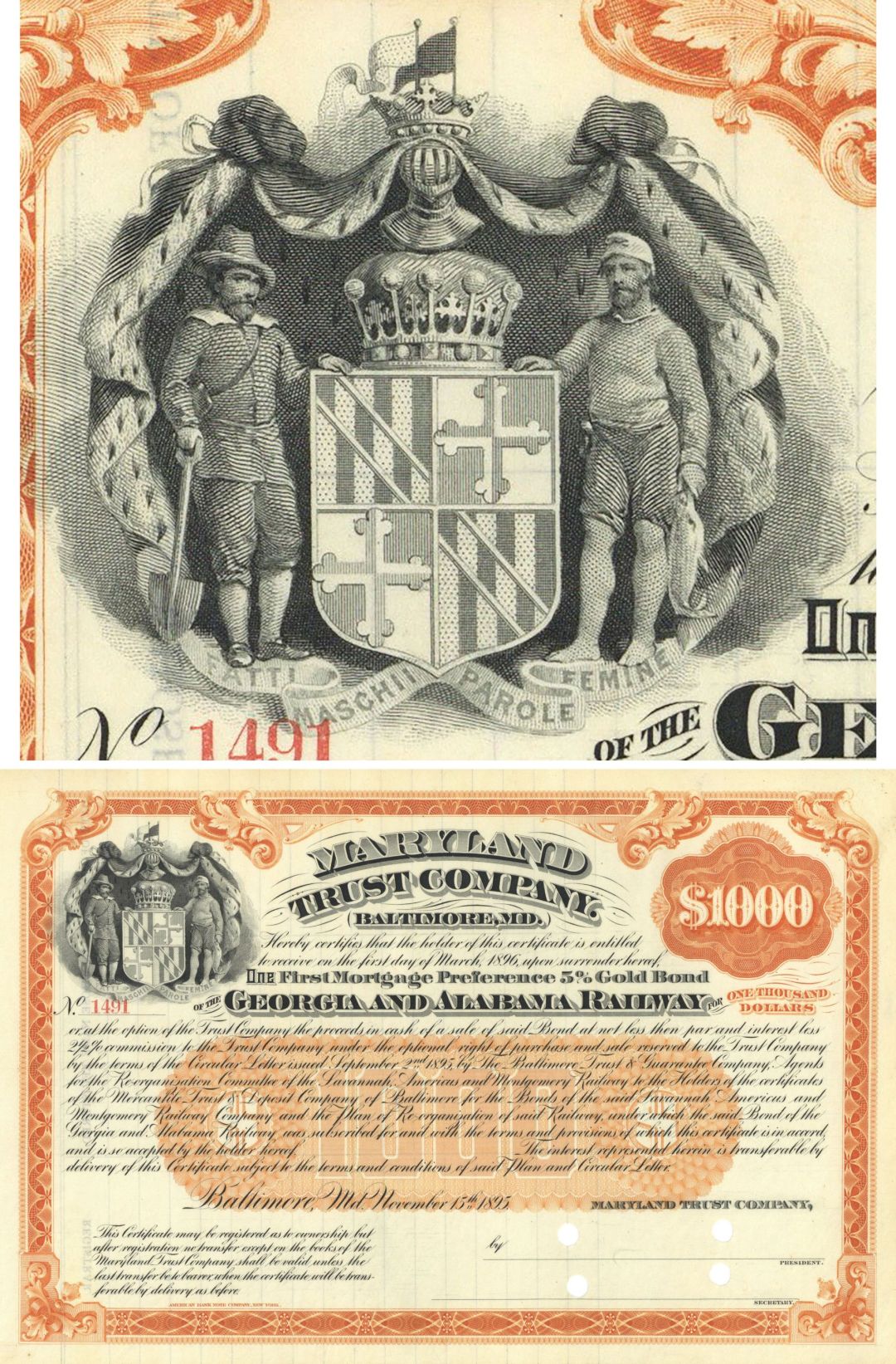Maryland Trust Co. for a $1,000 Bond of the Georgia and Alabama Railroad Company - 1895 dated Unissued Gold Railway Bond