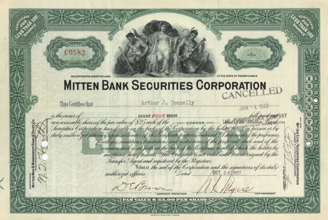 Mitten Bank Securities Corp. - 1927-1935 Stock Certificate