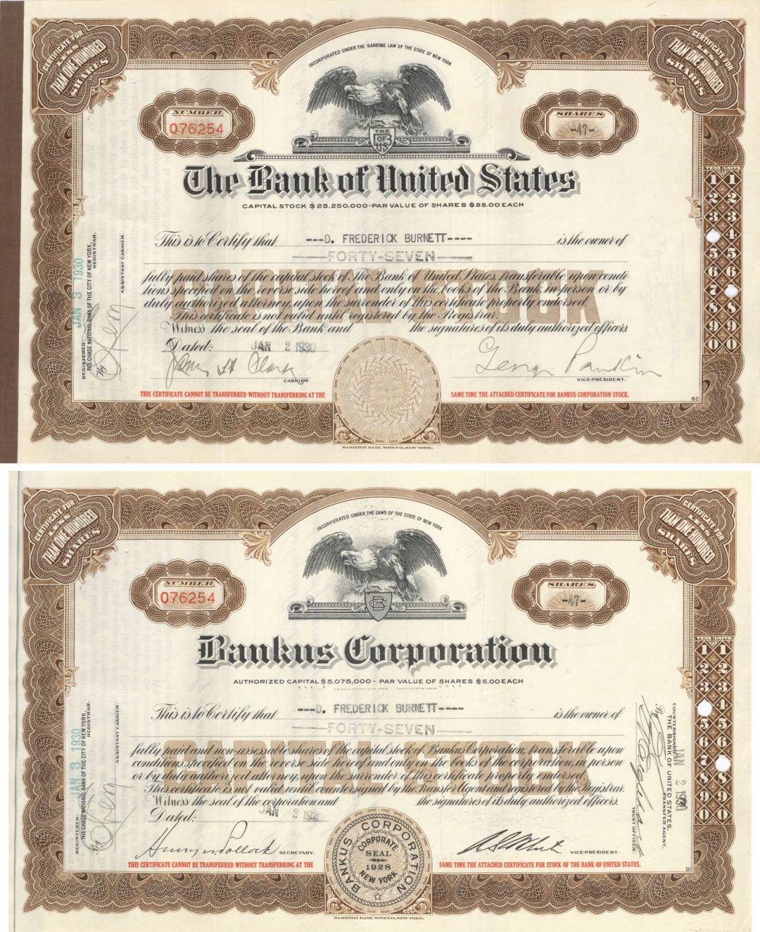 Bank of United States & Bankus Corporation - 1920's-30's dated Dual Stock Certificates - Quite Rare Format