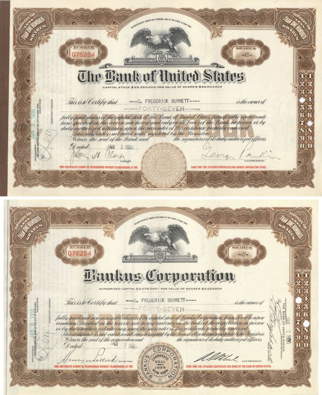 Bank of United States & Bankus Corporation - 1920's-30's dated Dual Stock Certificates - Quite Rare Format