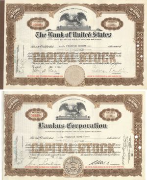 Bank of United States & Bankus Corporation - 1920's-30's dated Dual Stock Certificates - Quite Rare Format