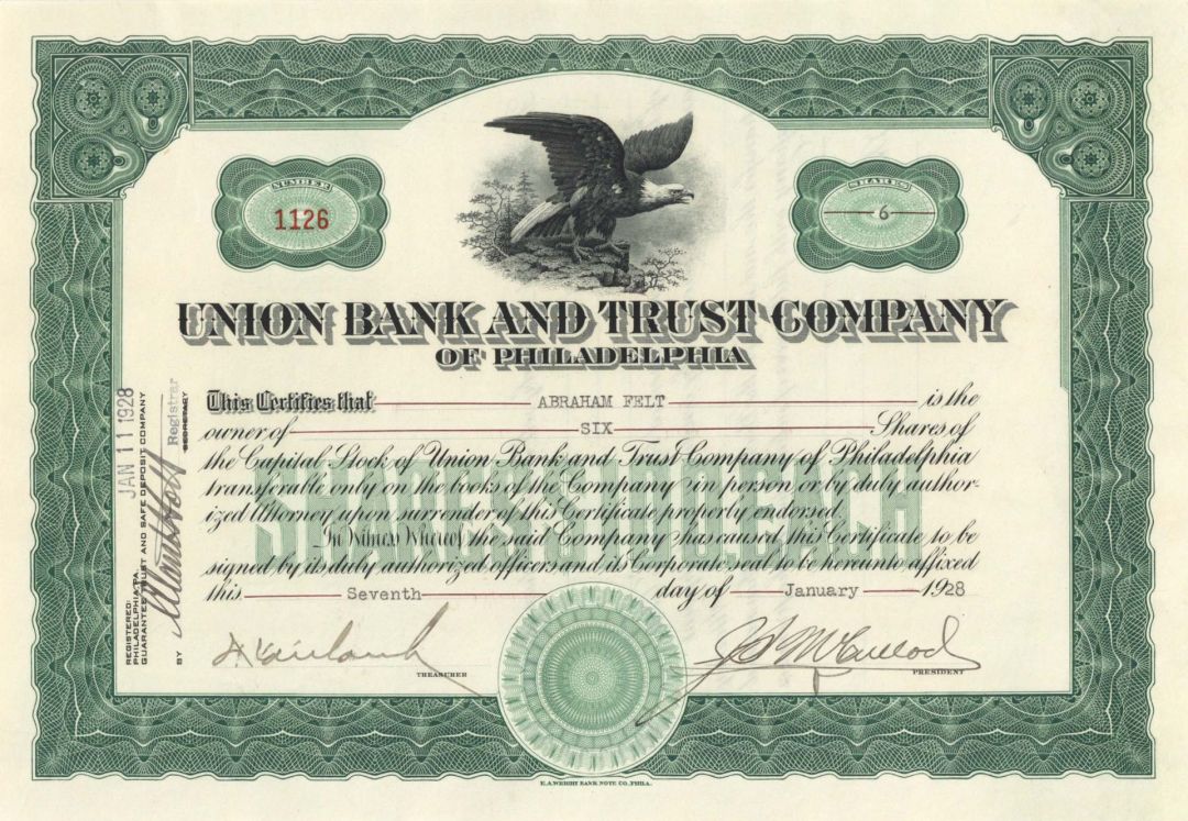 Union Bank and Trust Co. of Philadelphia - 1927 or 1928 dated Stock Certificate