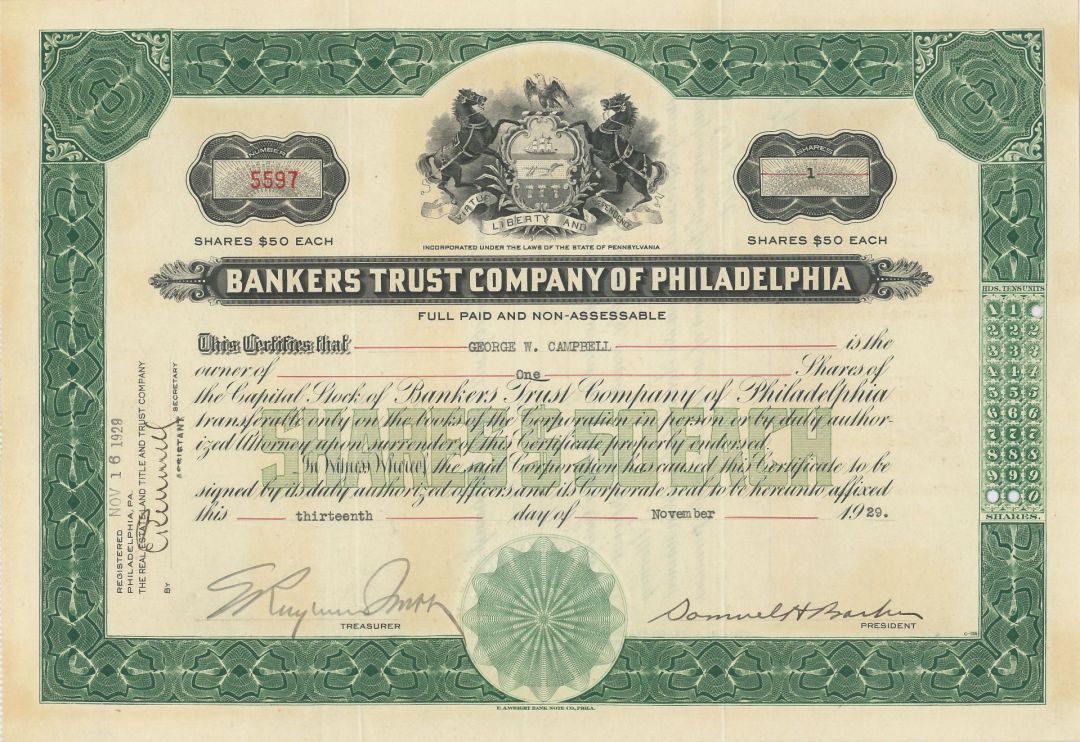 Bankers Trust Co. of Philadelphia - Stock Certificate