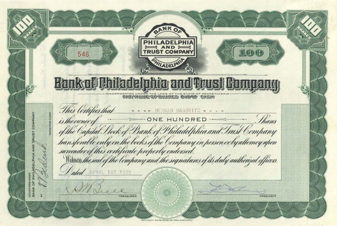 Bank of Philadelphia and Trust Co. - 1929 dated Stock Certificate