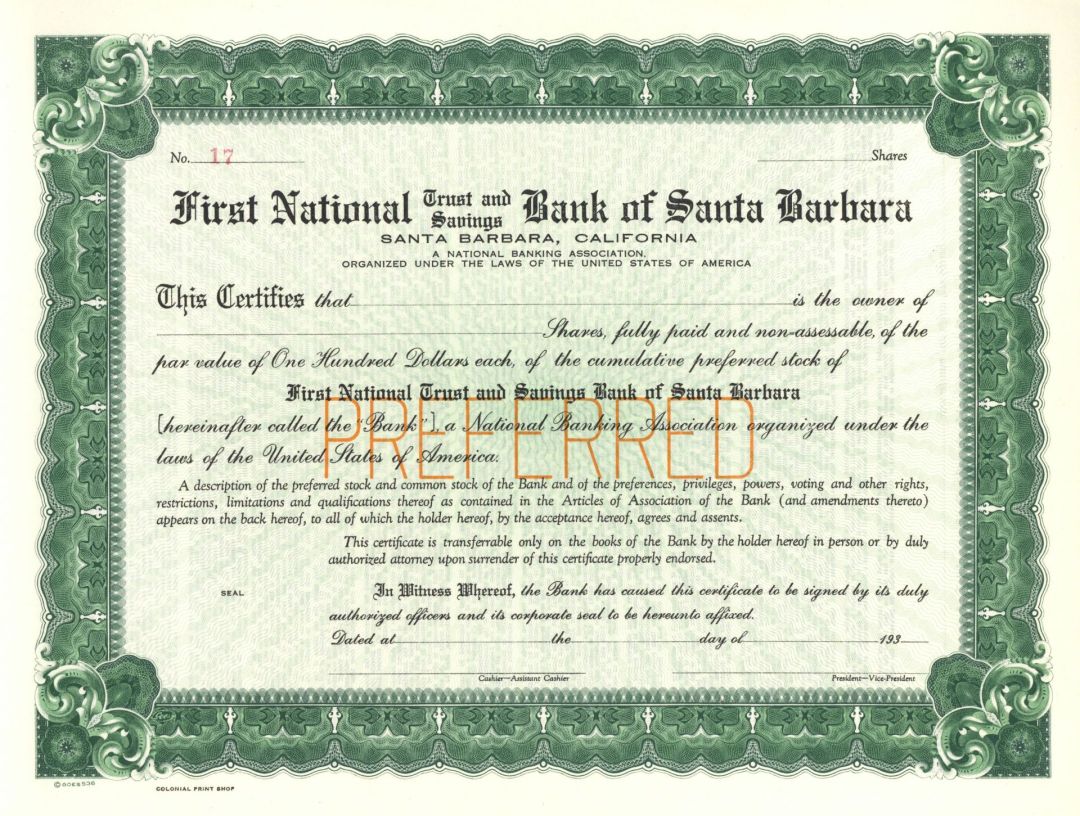 First National Trust and Savings Bank of Santa Barbara - 1930's circa Unissued California Banking Stock Certficate
